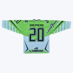 Back of a lime green and white hockey jersey with SHEPHERD and the number 20 printed in black. The bottom features the LABEDA brand logo.