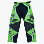 A pair of lime green, black, and white motocross pants with geometric patterns and LEAFY branding, laid flat on a white background.