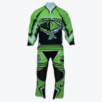 A lime green and black sports uniform set consisting of a long-sleeve jersey with the number 7 and Leaf Ray logo, and matching pants, displayed on a mannequin.