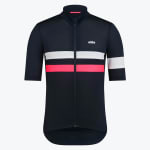 Front view of a navy blue short-sleeved cycling jersey with a white and pink stripe across the chest and a white band on the left sleeve.