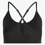 Back view of a black sports bra with adjustable criss-cross straps and a keyhole back design.