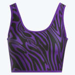 A cropped sleeveless top with a wavy, abstract purple and black pattern against a solid white background.