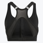 Back view of a black sports bra featuring a mesh racerback panel, adjustable straps, a triangular cutout, and a hook-and-eye closure on a white background.