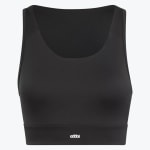 A black sports bra with a scoop neck and a wide underband featuring a small white logo, shown against a plain white background.
