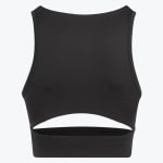 Front view of a black sleeveless crop top with a high neck and a horizontal cutout above the hem, set against a plain white background.