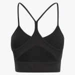Back view of a black sports bra with thin straps and a triangular cutout on the back.