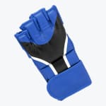 A blue and black fingerless MMA glove with white accents and a wrist strap, isolated on a white background.