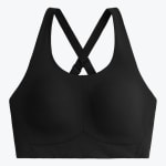 Front view of a solid black sports bra with molded cups and adjustable cross-back straps against a plain white background.