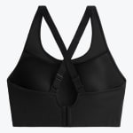 Back view of a black sports bra with adjustable cross-back straps and a hook-and-eye closure on a plain white background.