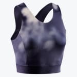 A dark purple and white tie-dye sports bra crop top isolated on a white background.