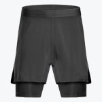 A front view of a pair of black 2-in-1 athletic shorts with an integrated inner compression liner, set against a plain white background.