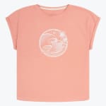 A peach-colored short-sleeve t-shirt with a white circular graphic of ocean waves and tropical flowers on the chest.