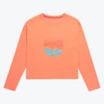 A peach-colored long-sleeve crewneck crop top with a central graphic of blue-outlined mountains under an orange sunset and pink sun.