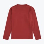 The back view of a plain red long-sleeve shirt with raglan sleeves, laid flat on a white background.