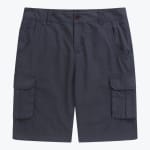 A front-facing studio shot of a pair of dark navy blue cargo shorts with multiple pockets against a plain white background.