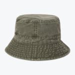 An olive green washed cotton bucket hat isolated on a white background.