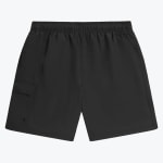 A pair of solid black cargo swim shorts with an elastic waistband, side pockets, and a cargo pocket on the right leg, displayed against a plain white background.