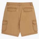 Back view of a pair of tan cargo shorts with flap pockets on the back and sides, set against a plain white background.