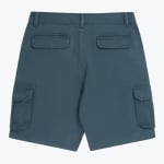 Back view of dark teal cargo shorts with rear flap pockets and side cargo pockets.