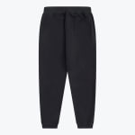 Back view of black sweatpants with a single back pocket and ribbed ankle cuffs on a white background.
