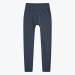 A pair of dark slate blue high-waisted athletic leggings laid flat on a white background.