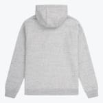 The back view of a light grey heathered hoodie with a hood, long sleeves, and ribbed cuffs and hem against a white background.