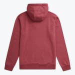 The back view of a heathered red long-sleeve hoodie with ribbed cuffs and hem on a white background.