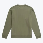 The back view of a plain olive green crewneck sweatshirt with long sleeves, ribbed cuffs, and a ribbed hem on a white background.