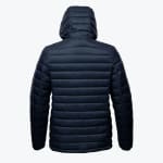 Back view of a dark navy blue hooded puffer jacket with horizontal quilting on a white background.