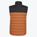 The back view of a two-tone puffer vest with a black upper yoke and collar, and a brown quilted lower body.