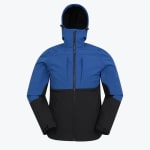 A blue and black hooded technical jacket with a full-length zipper, displayed against a plain white background.