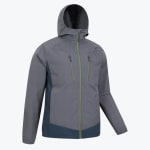 A grey and dark blue hooded outdoor jacket with lime green zippers on a white background.