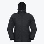 A front view of a black hooded softshell jacket with a subtle camo pattern, displayed against a plain white background.