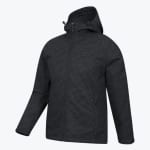 A dark grey and black camouflage hooded jacket with a full zipper, shown against a solid white background.