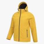 A mustard yellow hooded softshell jacket with a black front zipper and side pocket zippers, displayed against a white background.