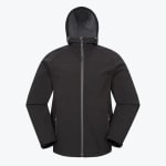 A front view of a black hooded softshell jacket with a grey zipper and side pockets on a white background.