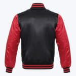 Back view of a black satin varsity jacket with red sleeves and striped ribbed trim.