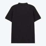 Back view of a plain black short-sleeve polo shirt against a white background.
