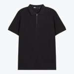 A flat lay of a black short-sleeved polo shirt with a silver half-zip collar on a white background.