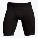 Front view of a pair of tight-fitting black compression shorts for men, shown on a white background.