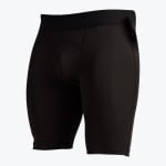 A pair of black athletic compression shorts shown from a three-quarter angle against a white background.