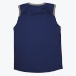 The back of a navy blue sleeveless athletic jersey with grey trim on the collar and armholes, laid flat against a white background.