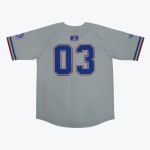 The back of a light grey baseball jersey displaying the number 03 in blue with a red outline, set against a plain white background.