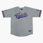 A light grey baseball jersey with Triple D written in blue and red script across the front.