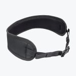 A black padded waist belt with adjustable straps and a plastic buckle, shown against a plain white background.