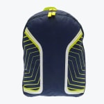 A navy blue backpack with neon green geometric patterns and white accents on the sides, featuring yellow zipper pulls.