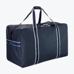 A large, rectangular navy blue storage bag with white-striped handles and a top zipper, isolated on a white background.