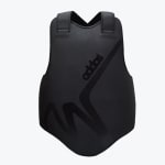 Front view of an all-black Addos martial arts chest guard with a black logo and graphic design on a white background.
