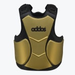A martial arts chest protector with gold padded panels and a black fabric base, featuring the addos logo on the front.