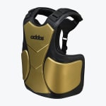 A black and gold Addos martial arts body protector with padded shoulder straps and protective panels, shown against a white background.